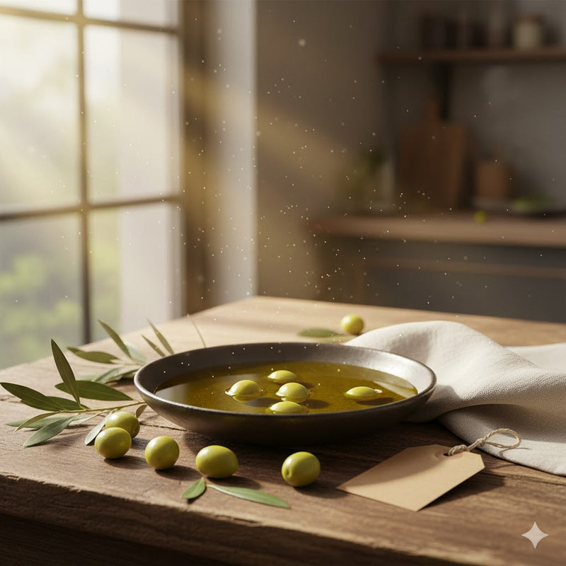 Aceite de oliva virgen extra arbequina con aceitunas frescas en plato sobre mesa de madera, iluminado con luz natural en cocina, concepto de producto gourmet saludable y antioxidante.