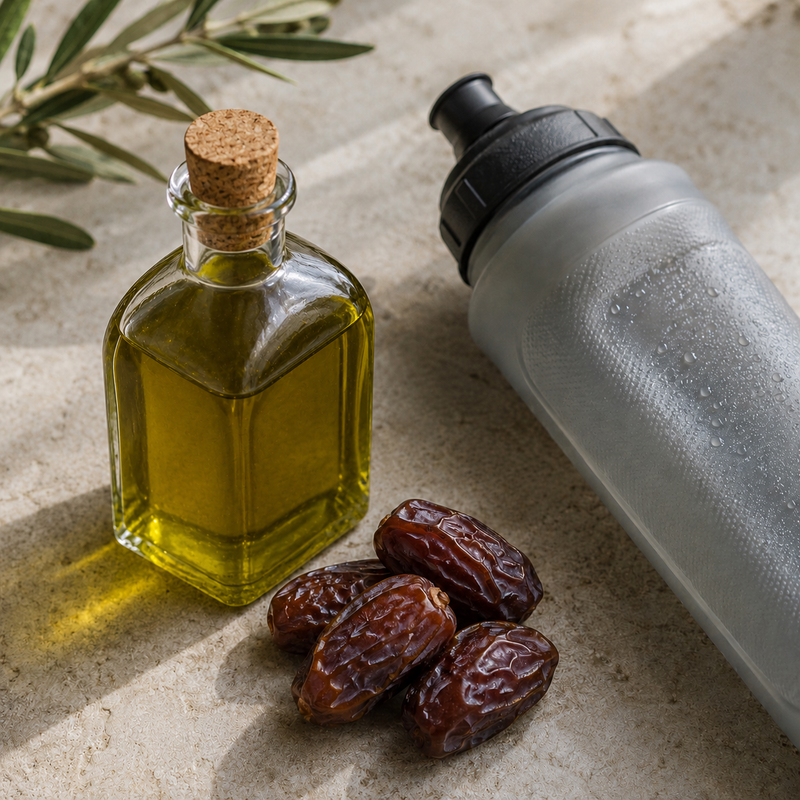 Botella de aceite de oliva junto a dátiles y bidón de agua para una estrategia de nutrición deportiva.