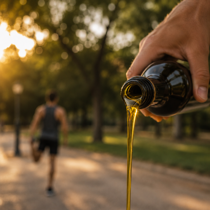 Aceite de oliva virgen extra vertiéndose desde una botella con una persona corriendo al fondo en un parque