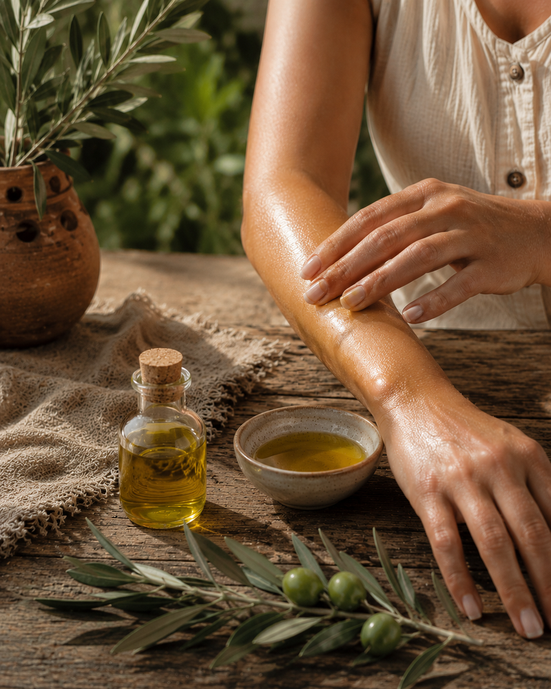 Persona aplicando aceite de oliva sobre el antebrazo junto a un frasco de aceite Dalivar, aceitunas verdes y ramas de olivo sobre una mesa de madera rústica.