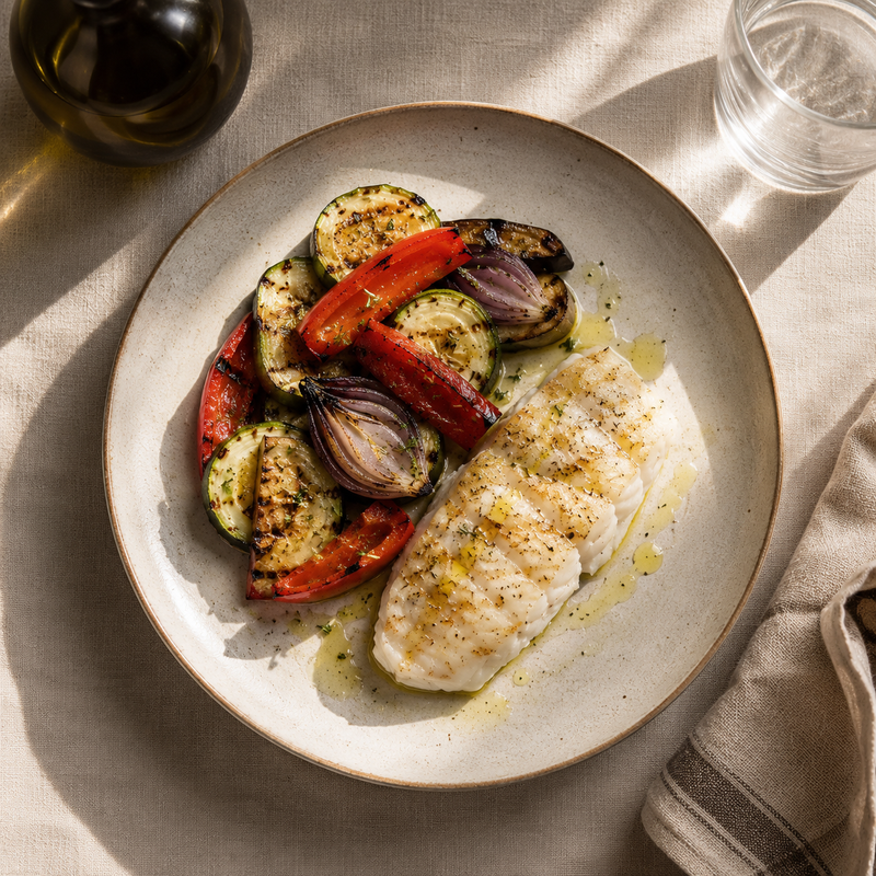 Plato mediterráneo minimalista con pescado blanco a la parrilla y verduras asadas, rociados con aceite de oliva sobre una mesa de lino beige iluminada por luz natural.