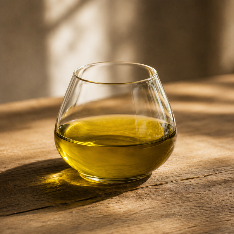 Copa de cata con Aceite de Oliva Virgen Extra utilizada para analizar la acidez y otros parámetros de calidad del aceite de oliva.
