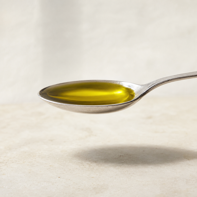 Cucharada con Aceite de Oliva Virgen Extra lista para tomar en ayunas como parte de un hábito diario de alimentación saludable.