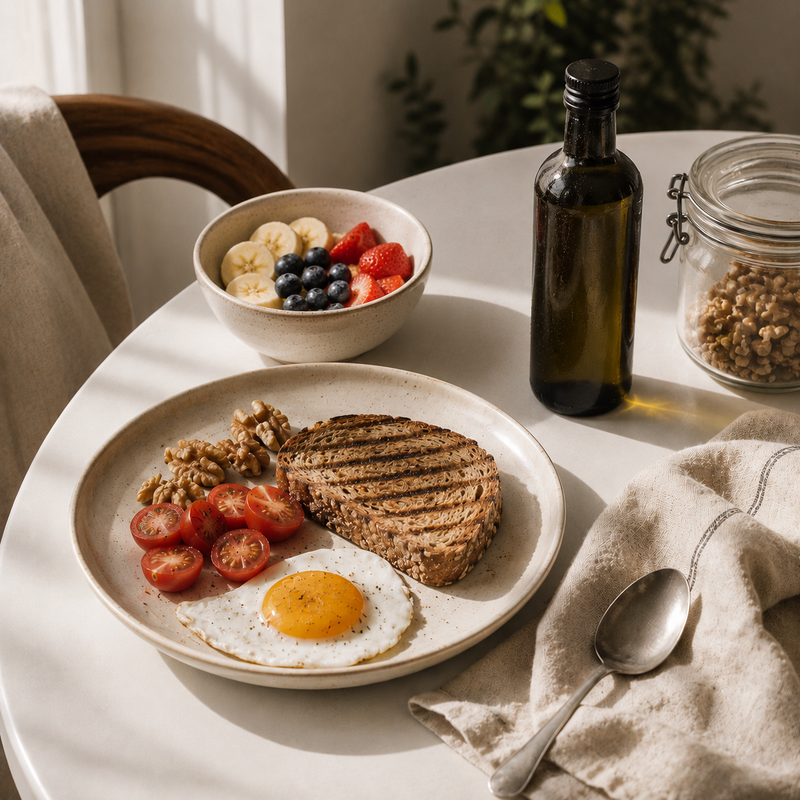 Desayuno equilibrado con tostadas integrales, huevo, fruta fresca, nueces y una botella de Aceite de Oliva Virgen Extra antes de una sesión de entrenamiento