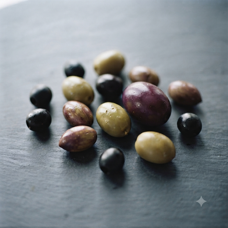 Diferentes variedades de aceituna utilizadas para elaborar Aceite de Oliva Virgen Extra en España, entre ellas Picual, Arbequina, Hojiblanca y Cornicabra.