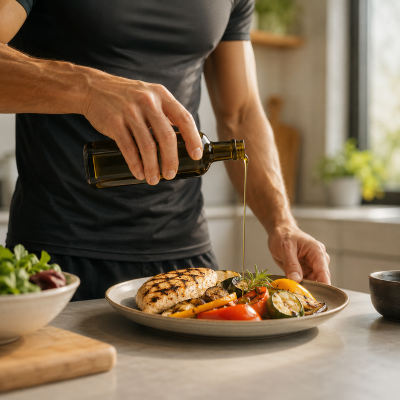 Persona sirviendo aceite de oliva sobre un plato de pechuga de pollo a la parrilla acompañado de verduras asadas, incluyendo pimientos, calabacín y berenjena, en una cocina con luz natural.