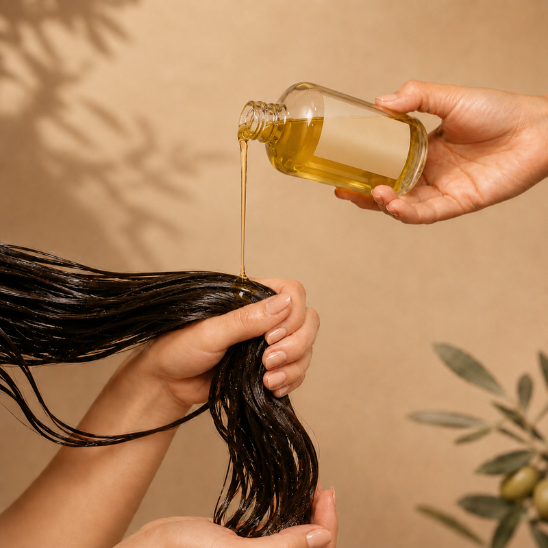 Aplicación de Aceite de Oliva Virgen Extra sobre el cabello como mascarilla hidratante para proteger el pelo del sol, el cloro y el agua salada durante el verano.