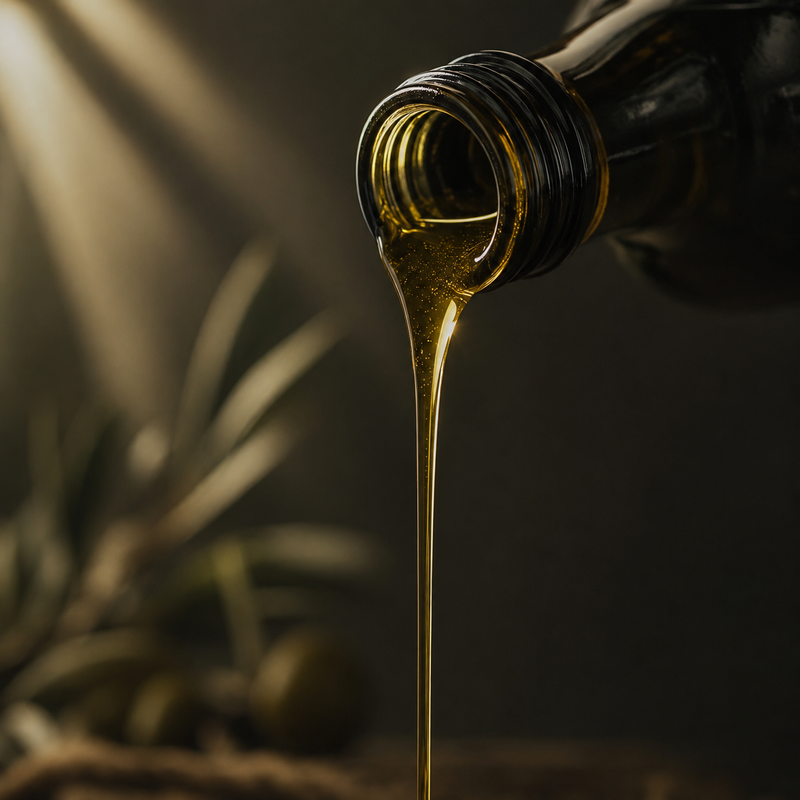 Aceite de oliva premium vertiéndose lentamente desde una botella oscura, mostrando su color dorado y textura de alta calidad.