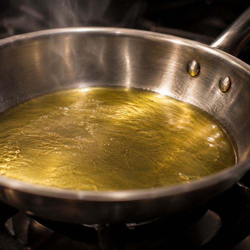 Aceite de oliva virgen extra calentándose en una sartén de acero inoxidable antes de cocinar