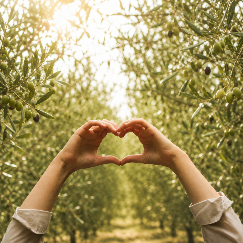 Olivar con manos formando un corazón, representando los antioxidantes del aceite de oliva virgen extra y su relación con la salud cardiovascular.