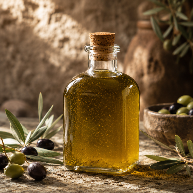 Aceite de oliva virgen extra sin filtrar recién elaborado con antioxidantes naturales