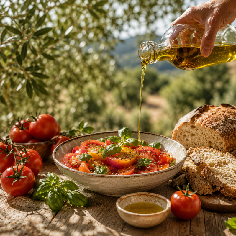 Ensalada fresca de verano aliñada con aceite de oliva virgen extra