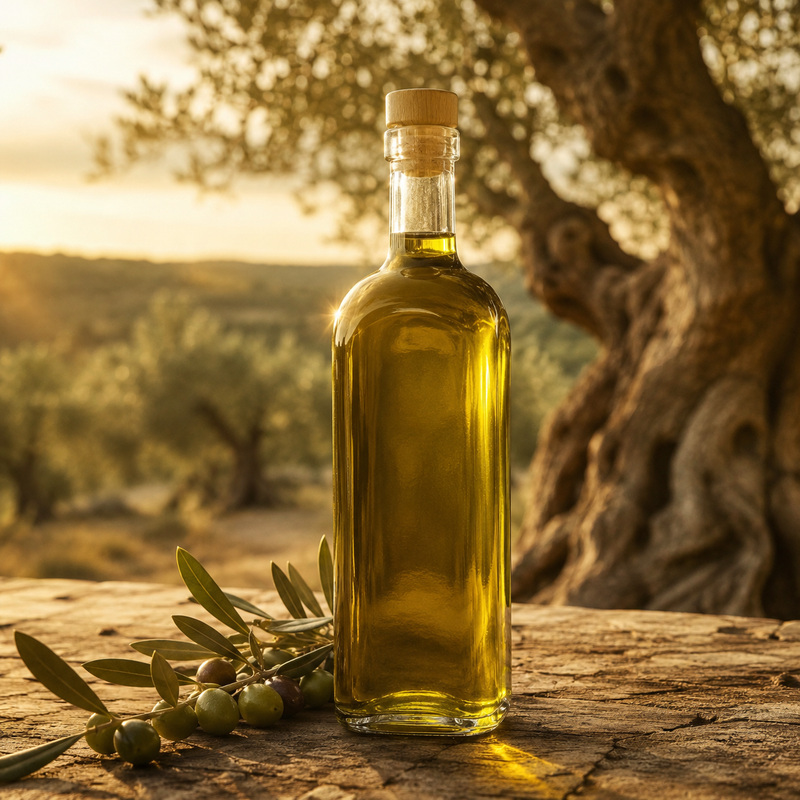 Botella de aceite de oliva virgen extra junto a aceitunas en un olivar al atardecer