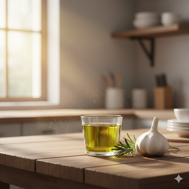 Infografía estética sobre una mesa de madera con ingredientes naturales y aceite de oliva, representando salud y transparencia.