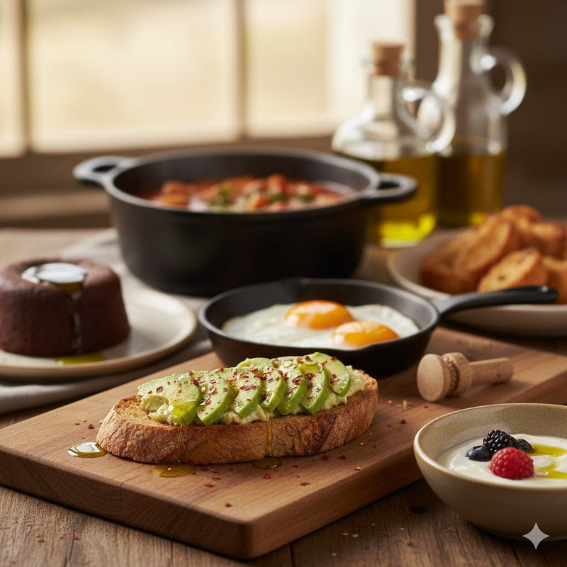 Bodegón de platos variados: tostada de aguacate con aceite, yogur con frutas y guiso tradicional, mostrando la versatilidad del Aceite Arbequina.