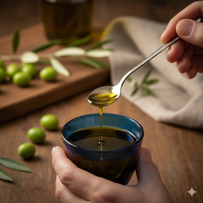 Mano sosteniendo una copa de cristal con aceite de oliva virgen extra dorado, mostrando el proceso de calentamiento para una cata profesional.