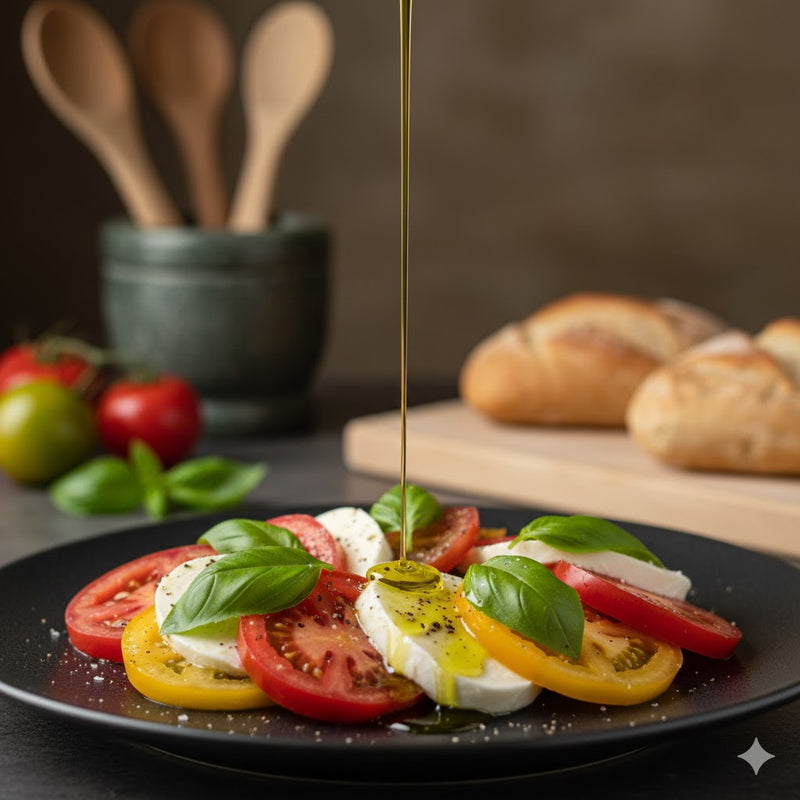 Primer plano de aceite de oliva virgen extra cayendo en un hilo dorado sobre una ensalada caprese con tomate, mozzarella fresca y albahaca, estilo alta cocina.
