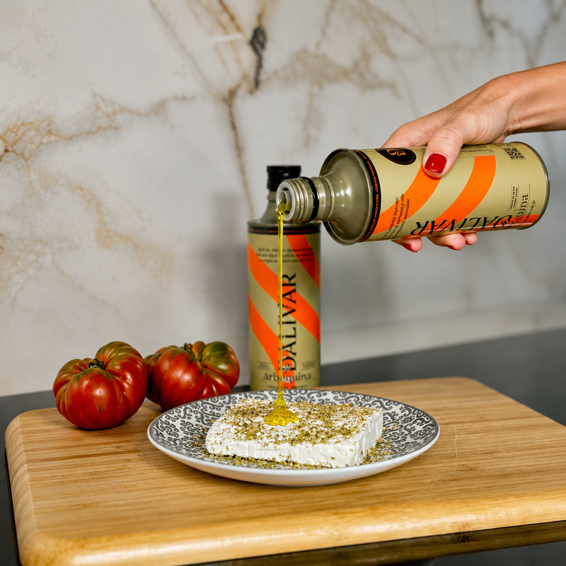 
                  
                    Mano vertiendo aceite de oliva virgen extra sobre un bloque de queso feta espolvoreado con hierbas en un plato decorado, acompañado de tomates frescos sobre una tabla de madera en una cocina.
                  
                