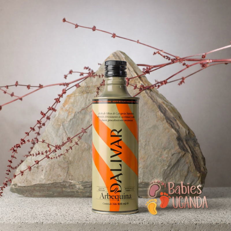 Botella de aceite de oliva virgen extra Arbequina 500 ml Dalivar colaboración Babies Uganda