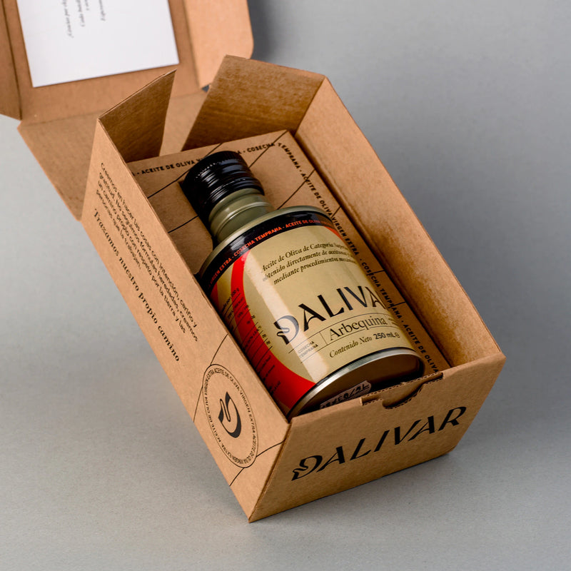 Aceite de oliva virgen extra arbequina 250 ml Dalivar en caja regalo para bodas y eventos
