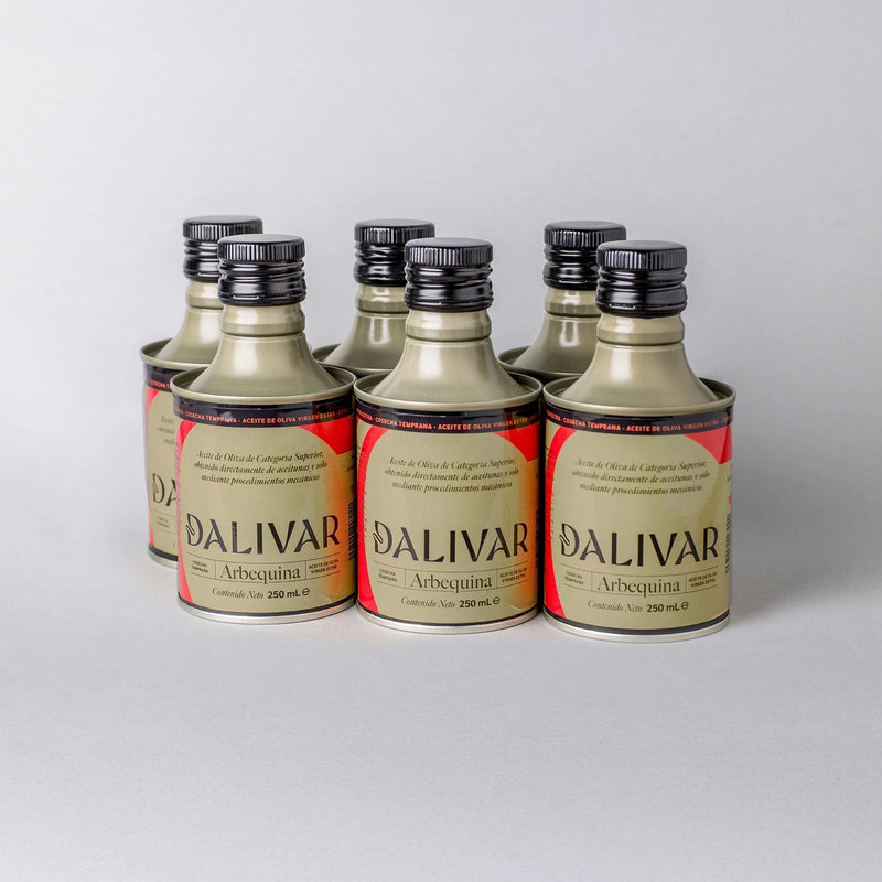 Caja de 6 aceites de oliva virgen extra Arbequina Dalivar 250 ml