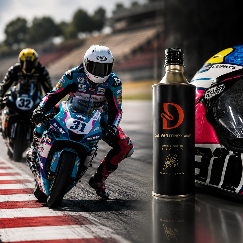 Edición limitada Dalivar Fitness AOVE Racing junto al piloto Alberto García y su moto de competición.