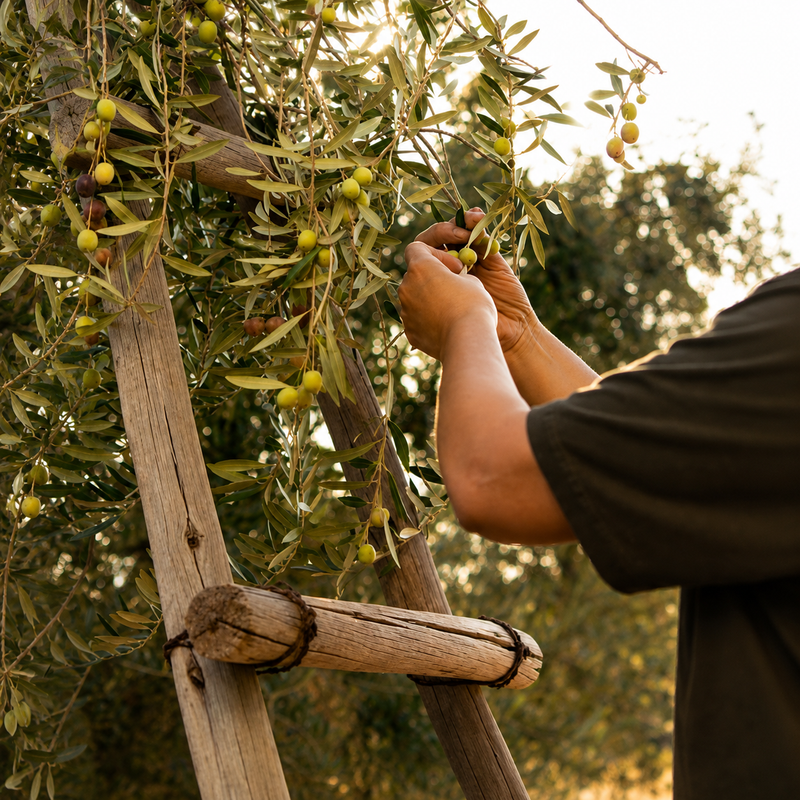 
                  
                    Persona recolectando aceitunas verdes directamente de un olivo con una escalera de madera durante la cosecha.
                  
                